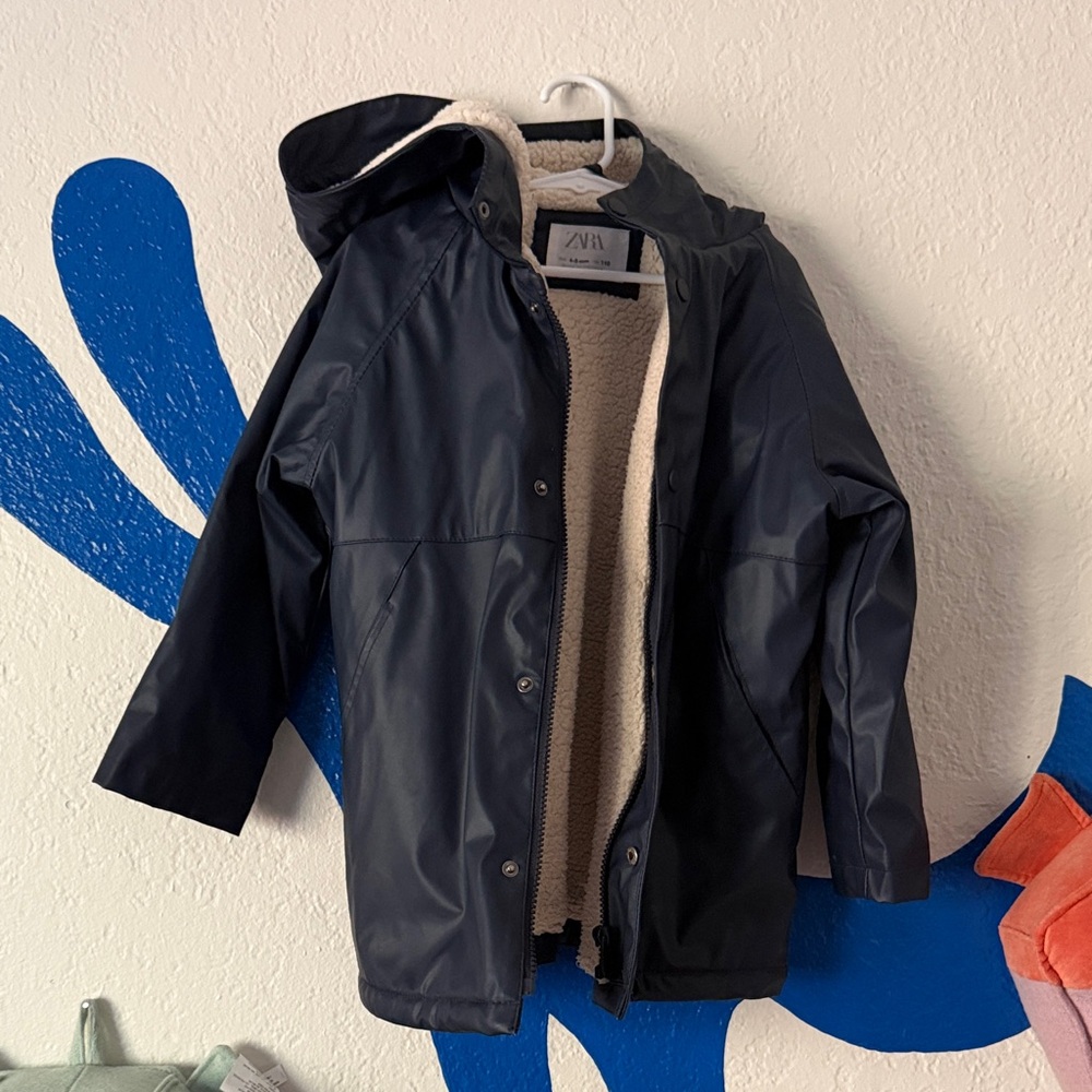 Zara Dark Blue Hooded Coat with Faux Fur